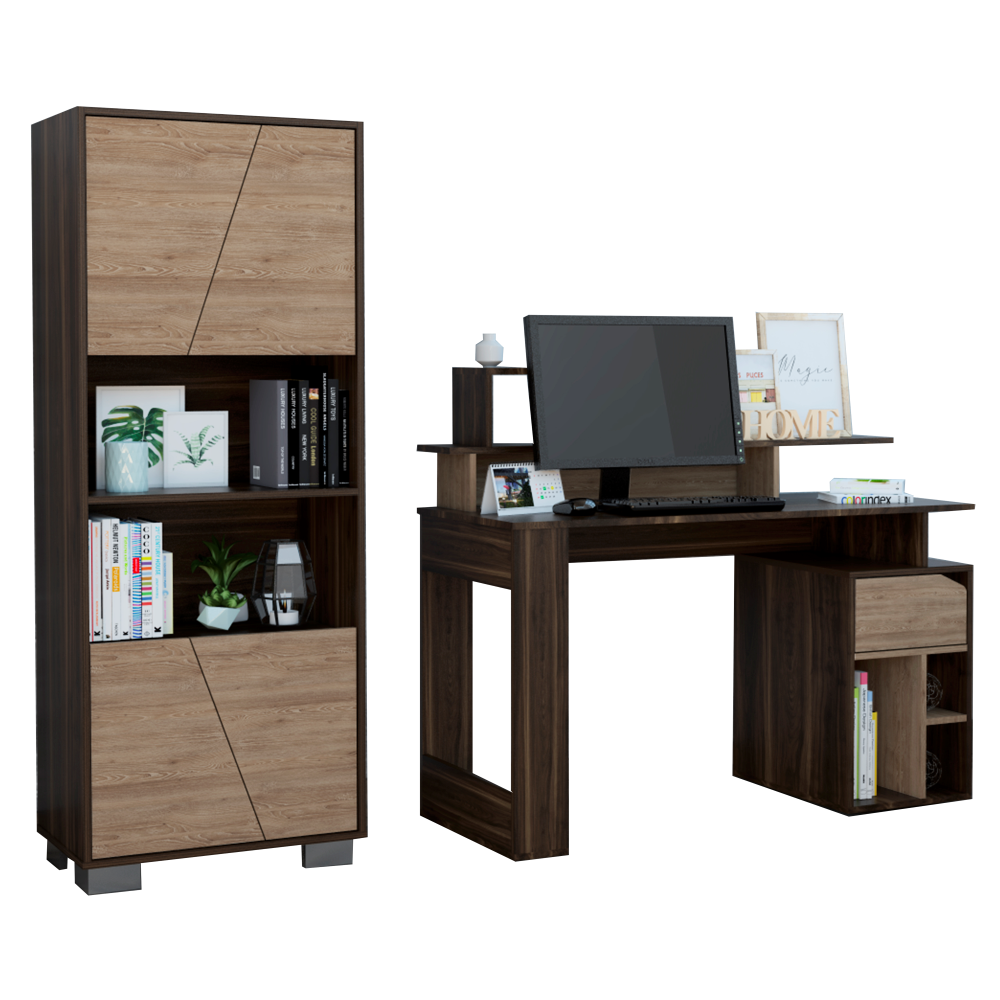 Escritorio W120 + Biblioteca Fraktal Office Color Habano y Miel Para Sala De Estar